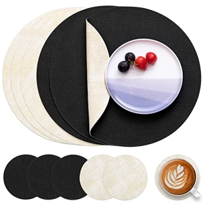 Afbeelding van Myir JUN Lederen Placemat Rond en Onderzetters, Tafelmatten Waterdichte Afveegbare Dubbelzijdige Plaats Matten Koffiematten Antislip Wasbare Placemats Coaster (Zwart Wit, Sets 6)