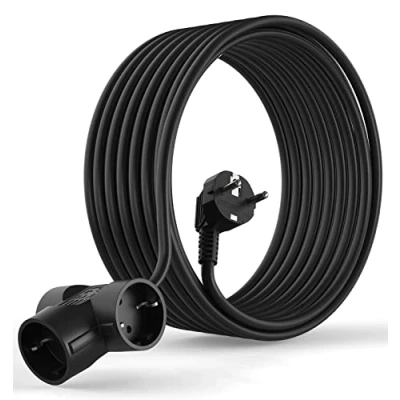 Afbeelding van MutecPower 7.5 meter Schuko verlengkabel met 3 voudige stopcontacten IP20 90 gebogen EU geaarde stekker en 3x koppelingen tot 250V 50Hz 16A 7.5m zwart