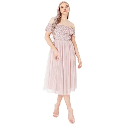 Afbeelding van Maya Deluxe Vrouwen dames bardot jurken midi hoge rijk taille pailletten verfraaid formele avond voor bruiloft gast bruidsmeisje, Frosted Roze, 38