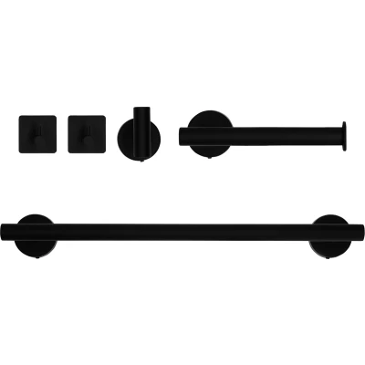 Afbeelding van QUVIO Badkamer accessoires set (2x haakjes + toiletrolhouder handdoekhouder) 5 delig RVS Zwart