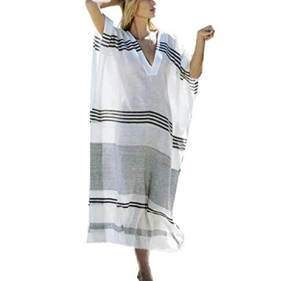 Afbeelding van YouKD Zomer Katoen Losse V hals Caftan Boho Strand Bikini Cover Up Jurk Plus Size Gewaad voor Vrouwen