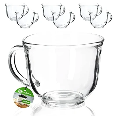 Afbeelding van KADAX Theeglazen met handvat, 480 ml glazen kopjes, vaatwasmachinebestendige koffieglazen, voor warme en koude dranken, koffiekopjes, sapglazen, kopjes (480 ml/6 stuks)