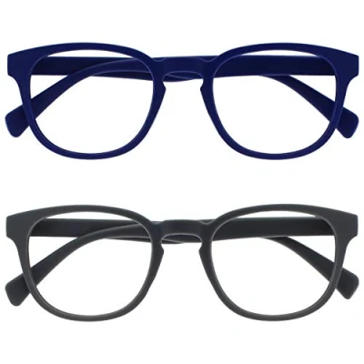 Afbeelding van Opulize Pop 2 Stuks Retro Ronde Glad Mat Blauw Grijs Mannen Vrouwen Leesbril Scharnieren Met Veer RR2 37 +3,00