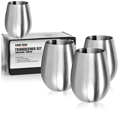 Afbeelding van 4x wijnglas van roestvrij staal wijnbeker 500 ml voor op reis roestvrijstalen mok to go zonder steel reisbeker BPA vrij (4 stuks 500ml mat)