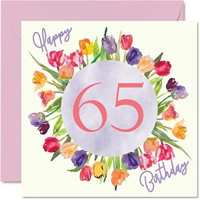Afbeelding van Mooie 65e Verjaardagskaarten voor Vrouwen Aquarel Tulpen Bloemen Boeket Gelukkige Verjaardagskaart Haar Oma Nanny Mum Verjaardagscadeaus, 145mm x Wenskaarten Gift