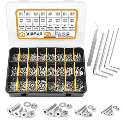 Afbeelding van VIGRUE 940 stuks M2, M3, M4, M5 schroevenset, binnenzeskant schroefdraadbouten, set met moeren, sluitringen en inbussleutels in assortimentsdoos
