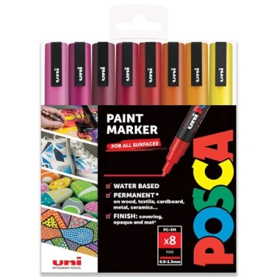Afbeelding van Uni Posca PC 3M kunstmarkers met geschenkdoos, warme kleuren, 8 stuks