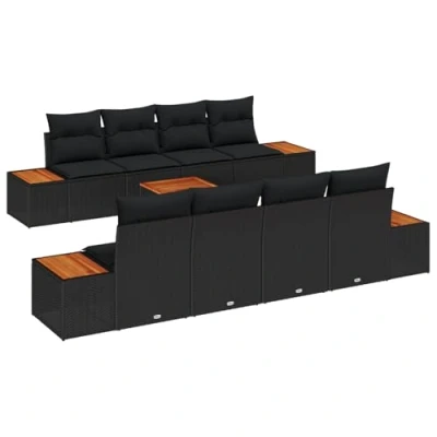 Afbeelding van vidaXL 9 delige tuinbankset met kussens zwart poly rattan