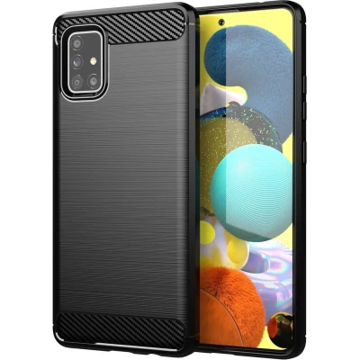 Afbeelding van Cadorabo Hoesje geschikt voor Samsung Galaxy A51 4G / M40s in Brushed Zwart Beschermhoes van flexibel TPU siliconen roestvrij staal carbonvezel look Case Cover