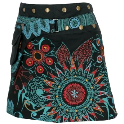 Afbeelding van GURU SHOP Wikkelrok, korte Goa rok, cacheur, minirok, dames, groen, katoen, maat: 40, zwart/turquoise, 40