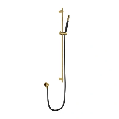 Afbeelding van HotBath Archie Glijstang 90 cm met wanduitlaat, doucheslang 1,5 mtr en handdouche Geborsteld Messing PVD AR317BBP