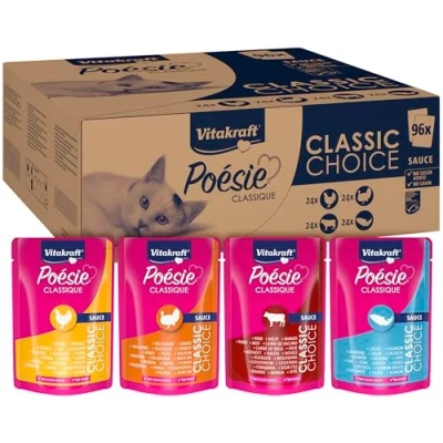 Afbeelding van Vitakraft Poésie Classique, Natte kattenvoer, grote verpakking met 96 zakken, kip, kalkoen, rundvlees, zalm MCC zegel, zonder toegevoegde suiker en granen (1 pakket van x 85 g)