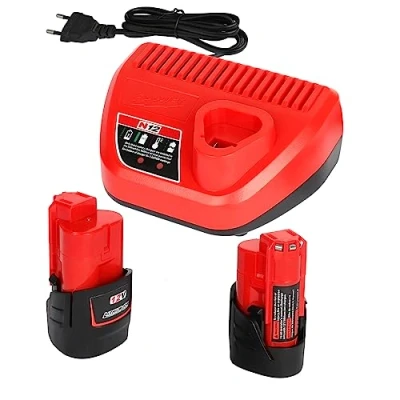 Afbeelding van Powarobor 2 stuks M12 12 V 3,0 Ah reserveaccu en 1 oplader starter kit compatibel met Milwaukee volt Li ion accugereedschap