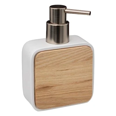 Afbeelding van 5Five zeeppompje/zeepdispenser wit 10 x 15 cm 200 ml bamboe/kunststeen badkamer hygiene Zeeppompjes