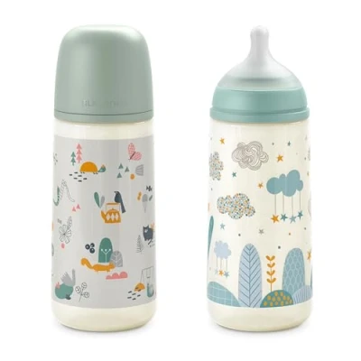 Afbeelding van Suavinex, Set van 2 flesjes 360 ml met symmetrische speen SX Pro siliconen snelle doorstroming (L), anti koliekventiel, ultrazachte dunne siliconen, voor baby&#039;s + 6 maanden, groen en