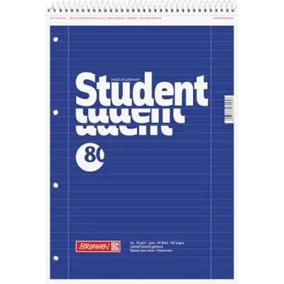 Afbeelding van Brunnen Student 106791101 Notitieblok/collegeblok (voor linkshandigen, A4, gelinieerd, liniatuur 27, 70 g/m², 80 vellen, met spiraalvormige kop)