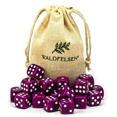Afbeelding van Waldfelsen 6, 12, 20, 30 of 50 hoogwaardige dobbelstenen, standaardformaat, 16 mm, acryldobbelstenen, speeldobbelstenen, 6 zijdig, zeszijdig speelaccessoireset met stoffen zak (paars, 20