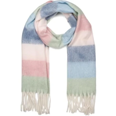 Afbeelding van styleBREAKER Gebreide damessjaal met brede kleurrijke strepen en dikke franjes warme wintersjaal, meerkleurig 01017160, roze wit oranje taupe donkerblauw, Eén Maat