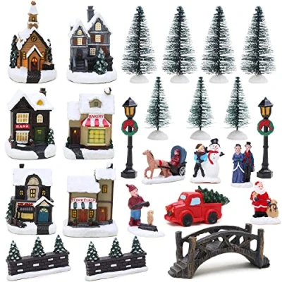 Afbeelding van Toyland® Mini Christmas Village &amp; Shop Scene Set met LED verlichting Kerstversiering (25 delig dorp)