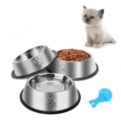 Afbeelding van 3 pack kattenbak roestvrij staal, antislip metalen kattenvoer waterkommen, voerbak voor huisdieren met rubberen basis binnenkatten en kleine honden