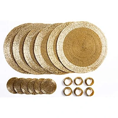 Afbeelding van Penguin Home Onderzetters Met Glazen Kralen, Servet ringen en ronde placemats 18 delig Set, Goud
