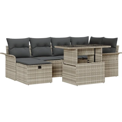 Afbeelding van vidaXL 7 Delige Tuin Sofa Set met Kussens Lichtgrijs Poly Riet