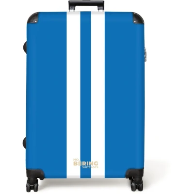 Afbeelding van NoBoringSuitcases.com® Koffer groot Reiskoffer lichtgewicht Helderblauwe achtergrond met dubbele witte middenstreep Rolkoffer 4 wielen Grote trolley XL 98 liter bagage