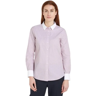 Afbeelding van Tommy Hilfiger Dames Ivy Stripe Contrast REG Shirt WW0WW42274 L/S Shirt, STP/Roze, 34, Roze (Ivy Stp/Roze), 60