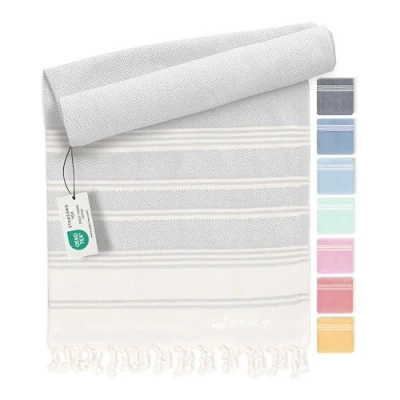 Afbeelding van Fit Flip Hamamdoek Strandhanddoek XXL van 100% gerecycled katoen sneldrogend strandlaken, fouta, pestemal Turkse handdoek ideaal als hamam saunahanddoek en sarong Lichtgrijs 100x200cm Diamond