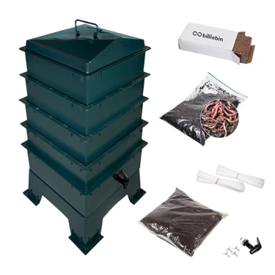 Afbeelding van Billiebin Starter Set Wormenhotel 64L 4 etages incl. compostwormen startsubstraat + kokosblok accessoires wormenboerderij wormenbak (groen)
