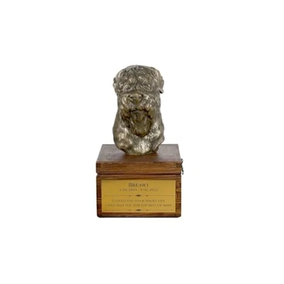 Afbeelding van Art Dog handgemaakte aangepaste hondenherdenkingsurn koudgegoten bronzen hondenkop op berkenbasis langdurige hondencrematiedoos 16x28x16cm Zwarte Russische terriër