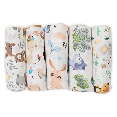 Afbeelding van FENSILO Mulldoeken babyluiers luiers 5 stuks 70 x 80 cm stoffen Made in EU, getest op schadelijke spuugdoeken baby jongen meisje doek met hert en konijn