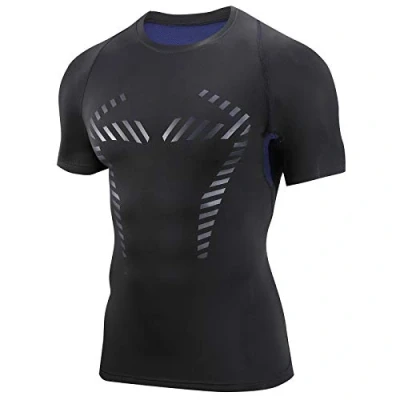Afbeelding van AMZSPORT Heren Compressie Shirt Korte Mouw Sneldrogend, Blauw L