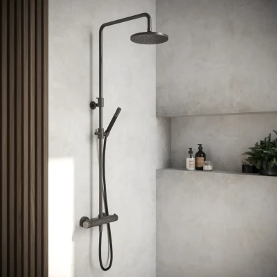 Afbeelding van HotBath Cobber thermostatische regendoucheset met 20cm ronde hoofddouche staafhanddouche ijzer verouderd