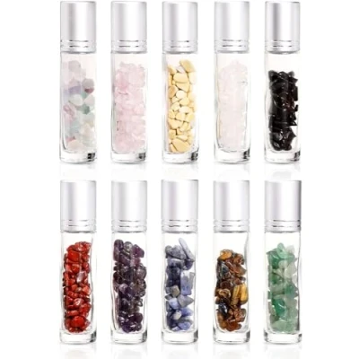 Afbeelding van Parfumlism Roll on glazen flessen van edelstenen, 10 ml, stuks kristalflessen, leeg met amethist rollerbal, ideaal voor etherische oliën, lippenolie, parfum, aromatherapie, doterra olie