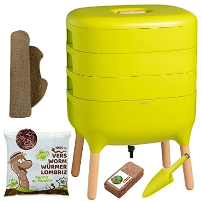 Afbeelding van Moutta Urbalive 3 bakjes Groen, Complete Kit I Wormenbak Design 500gr Compostwormen Startersubstraat Hennepmat + Schep Binnen, balkon en tuin
