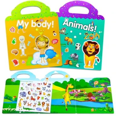 Afbeelding van Herbruikbare stickers voor kinderen, 2 stuks, mijn lichaam en dieren, stickerboek vanaf jaar, stickerset met creatieve speelscène stickers, illustraties,