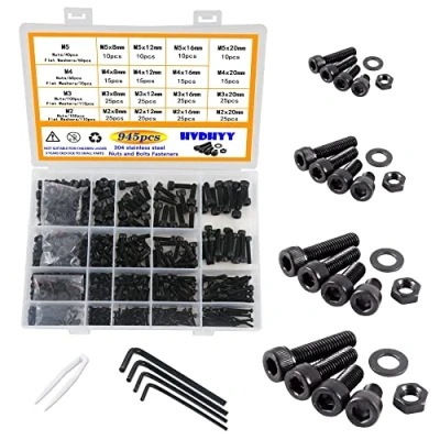 Afbeelding van HVDHYY Schroevenset, 945 stuks, M2, M3, M4, M5, van koolstofstaal, schroefmoeren en sluitringen, assortiment, zwart, binnenzeskantschroeven, machineschroeven, inclusief opbergdoos