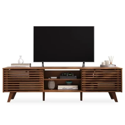 Afbeelding van IDIMEX tv Lowboard RIAN met 2 schuifdeuren kastanjekleurig commode van massief grenenhout, 3 verstelbare planken, dressoir