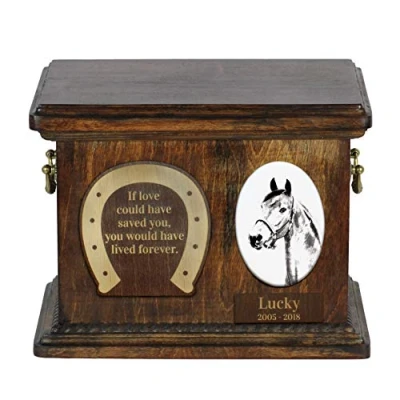 Afbeelding van Art Dog Custom Horse Memorial urn Handgemaakte houten Gepersonaliseerde keramische plaat en gravure Duurzame langdurige 8,3x11,4x8,7 Akhal Teke