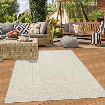 Afbeelding van Teppich Traum vloerkleed voor binnen en buiten, rechthoekig met lijnpatroon in jute look, crème, woonkamer, terras, balkon tuin 160 x 230 cm