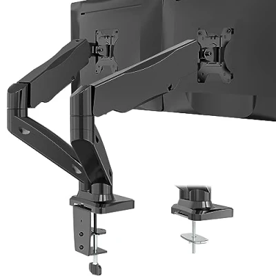 Afbeelding van WALI dubbele monitorarm voor scherm tot 32 inch en 9 kg, volledig verstelbare gasveerarm, monitorstandaard bureaubevestiging met C klem doorvoermontage, VESA 75 100 mm, zwart (GSMP002)