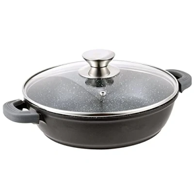 Afbeelding van stoofpan, diameter 28 cm, met glazen deksel, serveerpan, braadpan, inductie, gegoten aluminium, marmeren coating