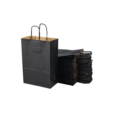 Afbeelding van 50 zwarte boodschappentassen van kraftpapier met handgrepen, 20 x 10 29,2 cm, boodschappentas/geschenkverpakking voor verjaardag, Kerstmis, bruiloft.