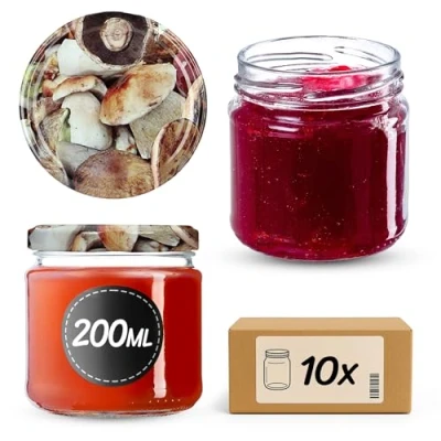 Afbeelding van KADAX kleine inmaakpotten, 200 ml, jampotten, diameter 66 mm, potten voor honing en specerijen, luchtdichte potten, weckpotten, ronde (10 stuks, champignons)