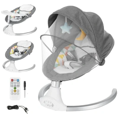 Afbeelding van Bioby Elektrische babywip, babyschommel met afneembare eettafel, verstelbare rugleuning, luidspreker, timer, 3 punts riem, 5 schommelsnelheden, voor baby&#039;s onder 9 kg