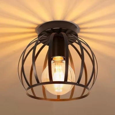 Afbeelding van iDEGU Vintage industriële plafondlamp met metalen kooi, hanglamp, geometrisch design, E27 voor slaapkamer, café, restaurant, hal, gang, 20 cm, zwart