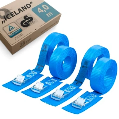 Afbeelding van valonic ICELAND Spanbanden, TÜV Rheinl. / GS gecertificeerd, met pad, 4m, 25mm, 250Kg, EN 12195 2 4 st. spanband klemslot, voor wasmachine, lading zekeren, blauw