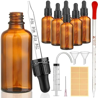 Afbeelding van modacraft 6 stuks 50 ml pipetfles met hulpaccessoires, fles pipet bruine glazen apothekersfles druppelfles voor vloeistof, etherische olie, parfumolie, aromatherapie, vloeibare kleurstoffen