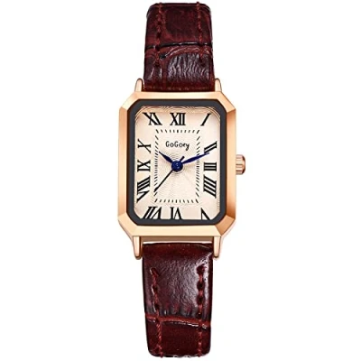 Afbeelding van JewelryWe Dameshorloge, analoog kwartshorloge, klassiek zakelijk, casual horloge met leren armband voor dames en meisjes, Type 5 rechthoek bruin, Riemen.